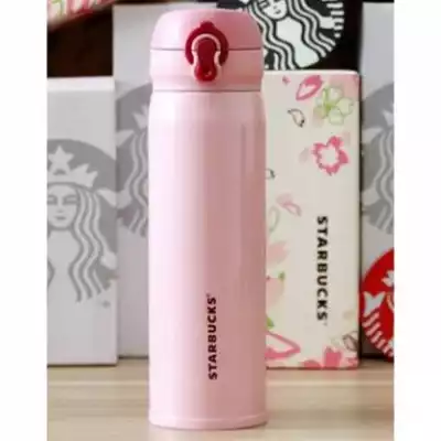 Термокружка 450 мл. «Starbucks» металлическая герметичная светло розовая  глянцевая