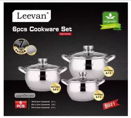 Набор кастрюль Leevan 5021, 6 предметов, нержавеющая сталь, серебристый